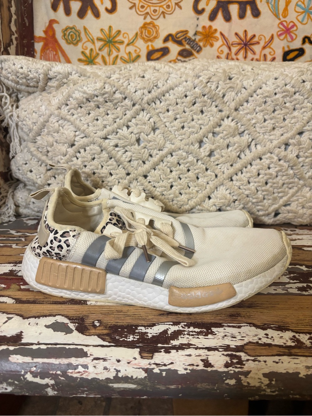 adidas Women's Cream Sneakers with Leopard Heel and Silver Stripes